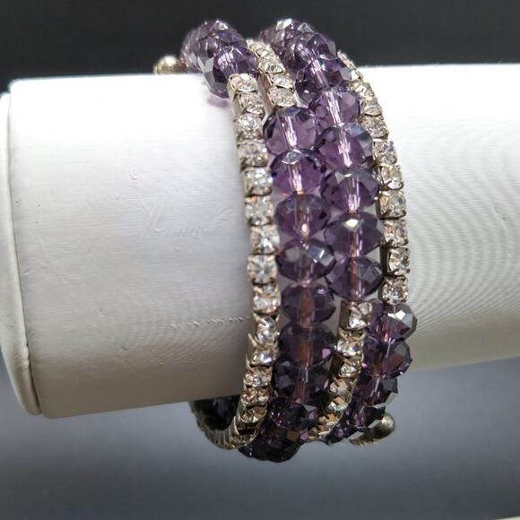 Purple Crystal Bead Clear Rhinestone Wrap Wire Bracelet, Five Layers - Picture 3 of 7